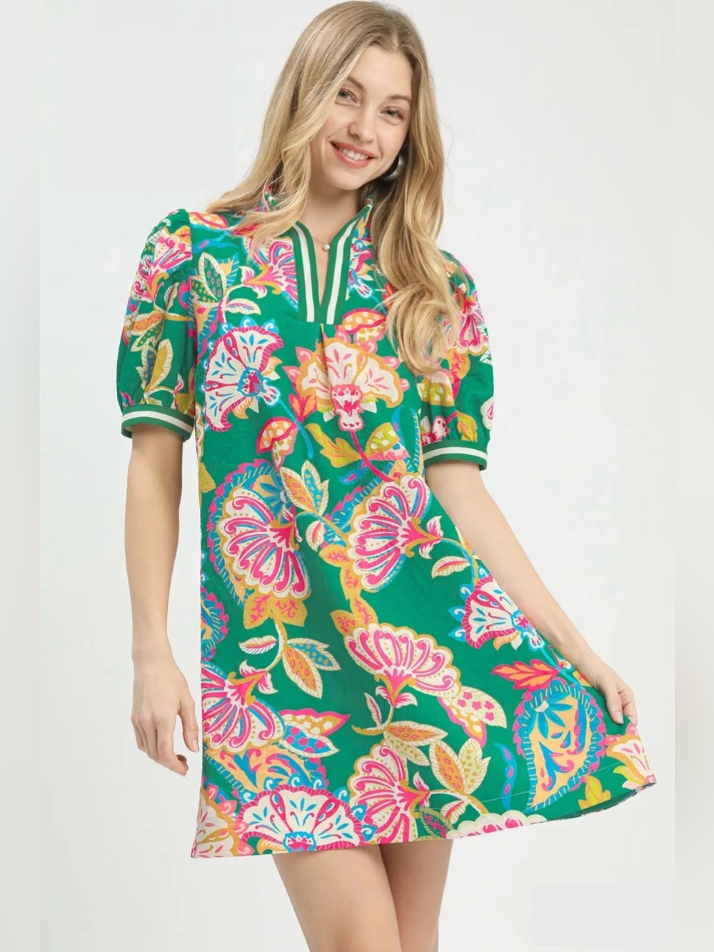 Umgee Jacquard Paisley Print Puff Sleeve Tunic Dress🆕